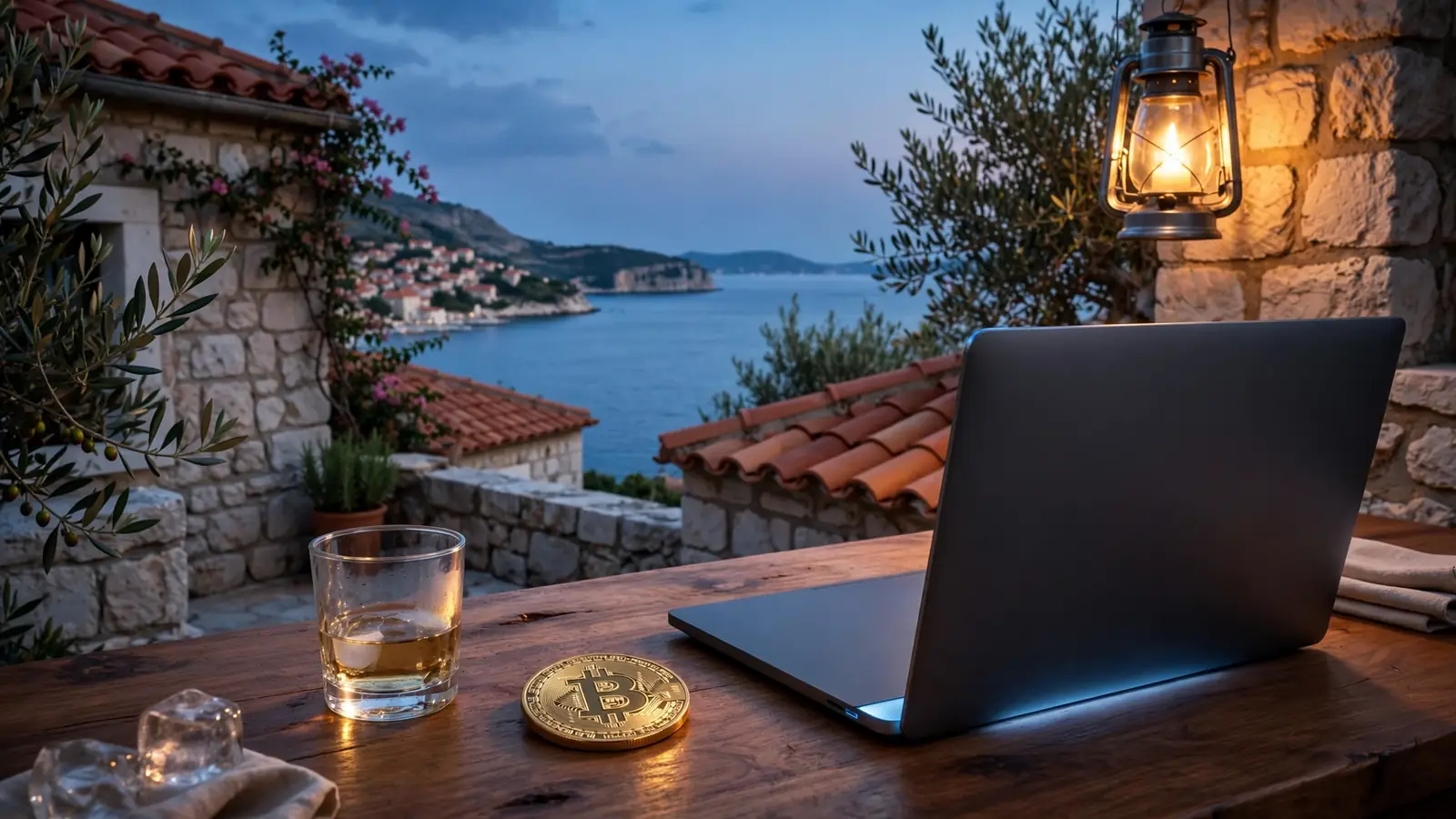 Hrvatska terasa uz more s bitcoin novčićem i laptopom