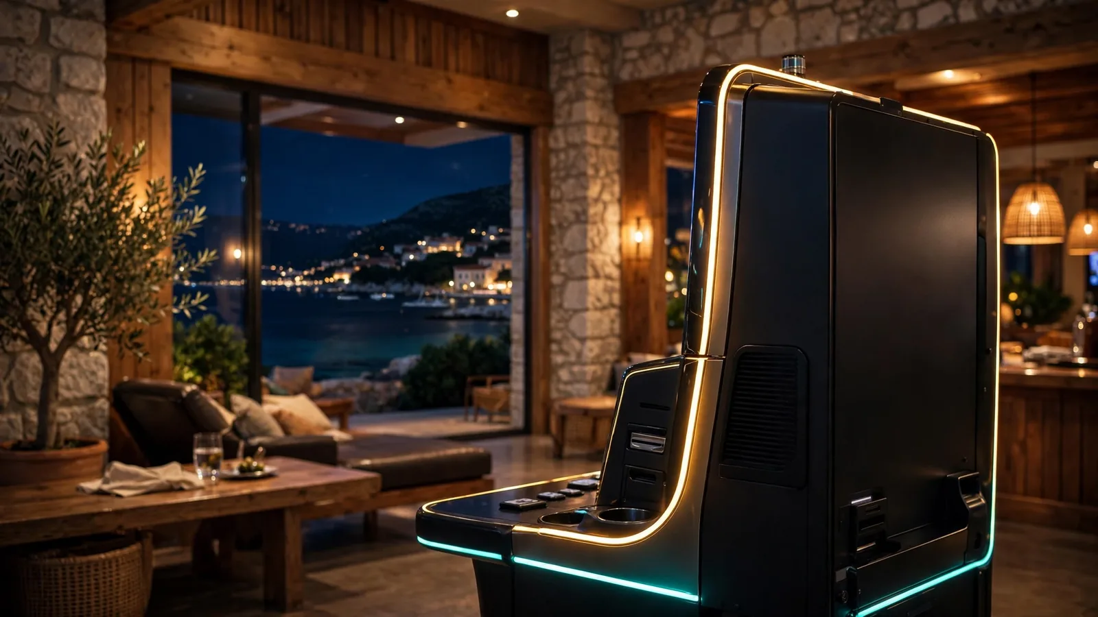 Moderni slot automat u elegantnom hrvatskom casinu na obali