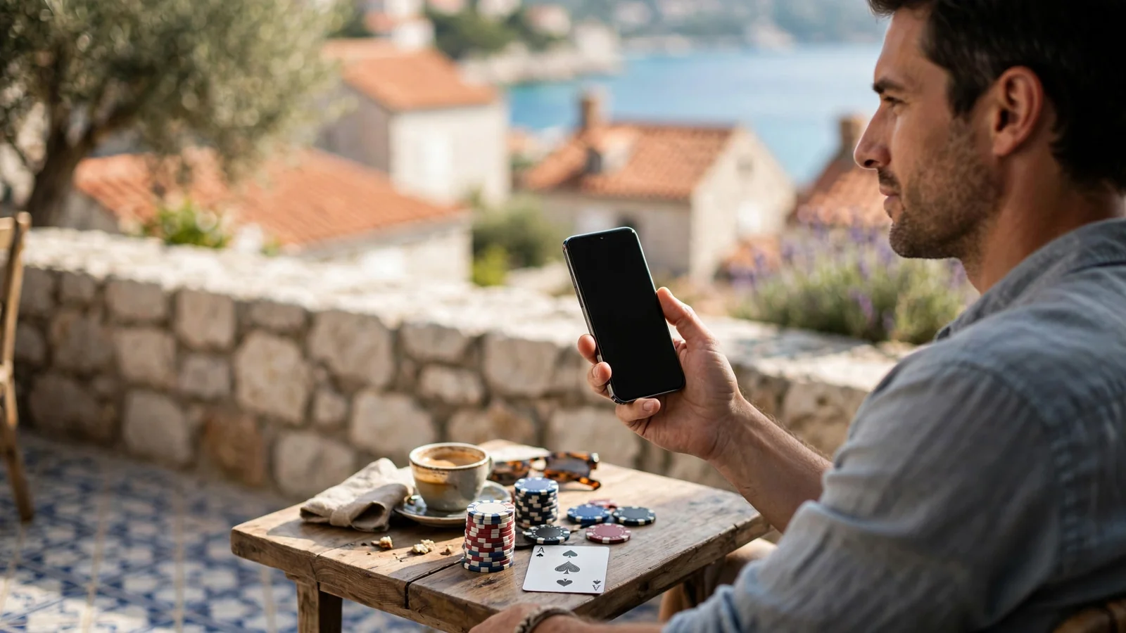 Osoba u kafiću na hrvatskoj obali drži pametni telefon uz žetone za kazino