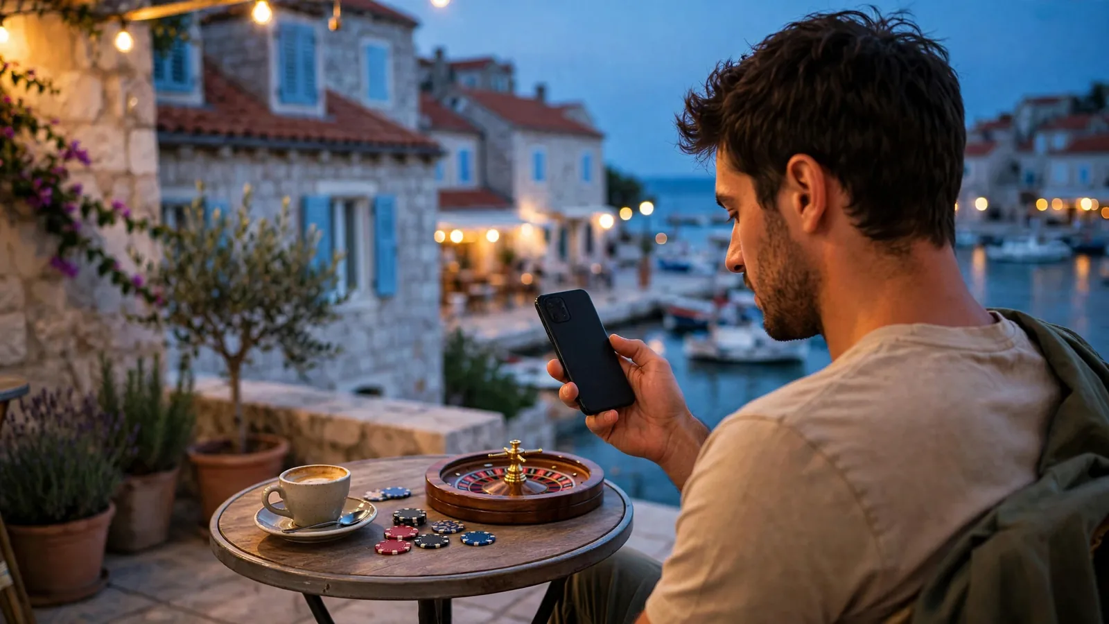 Pametni telefon na stolu uz žetone i kartu u primorskom ambijentu