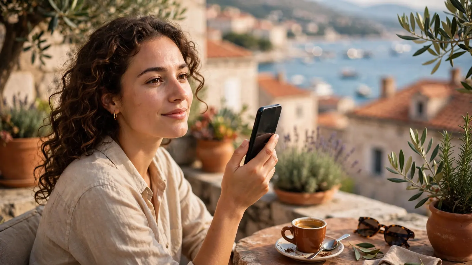 Žena na terasi u Splitu drži mobitel uz šalicu kave, topla mediteranska atmosfera