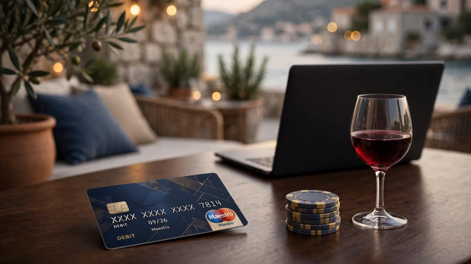 Maestro kartica na stolu s casino žetonima u elegantnom hrvatskom loungeu