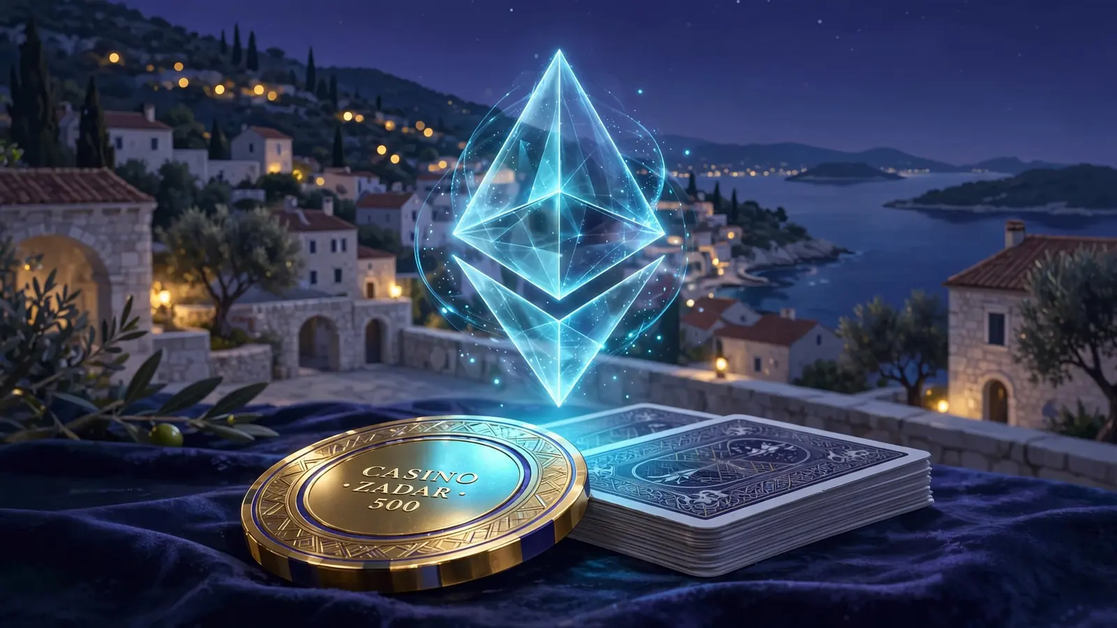 Ethereum simbol iznad kazino žetona uz dalmatinsku obalu