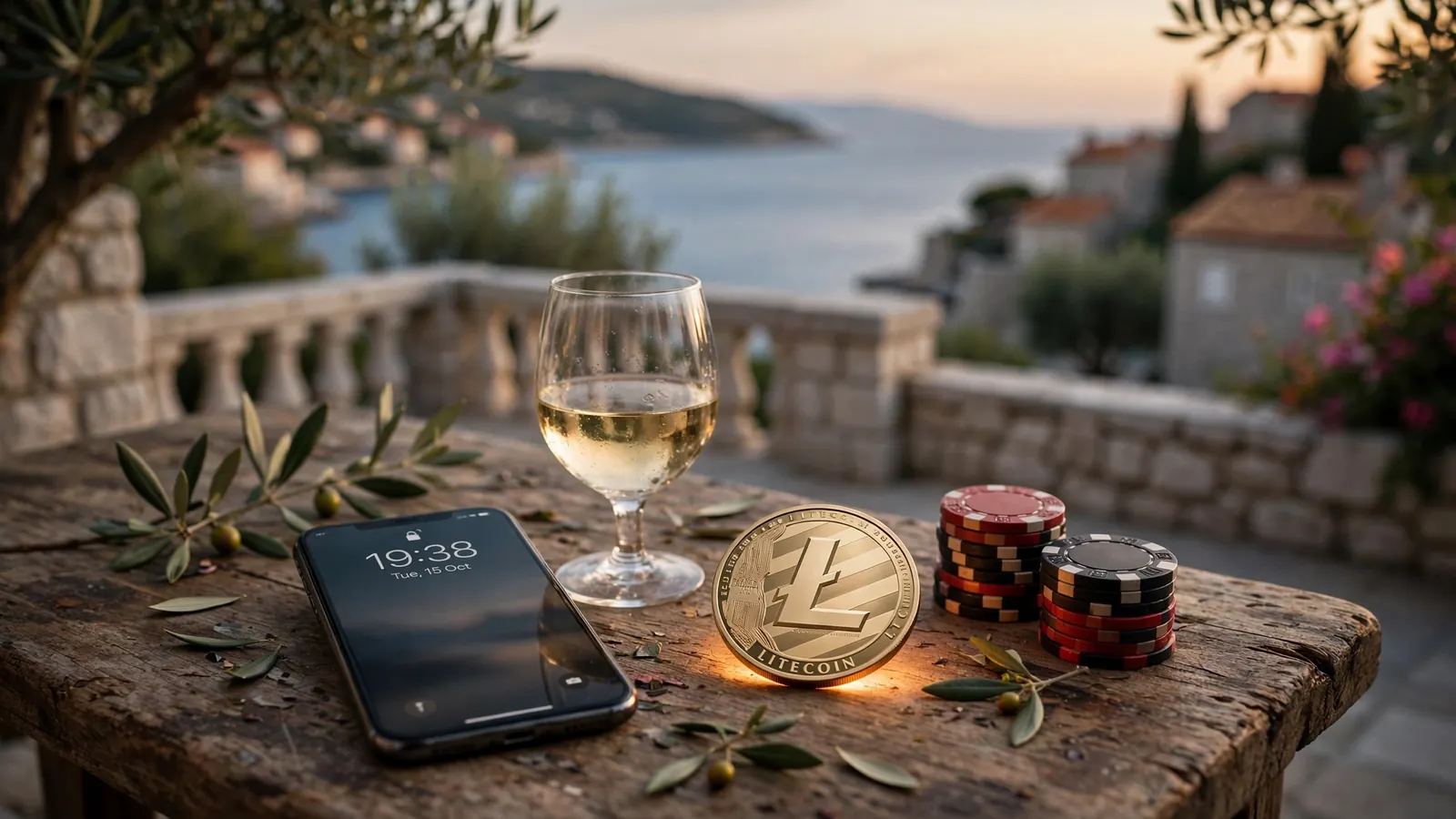 Litecoin kovanica, kazino žetoni i telefon na terasi uz hrvatsko more