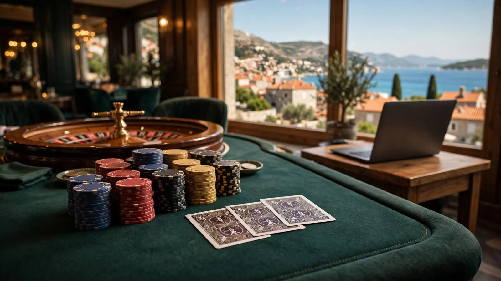 Stol za blackjack s ulošcima i kartama uz pogled na hrvatsku obalu
