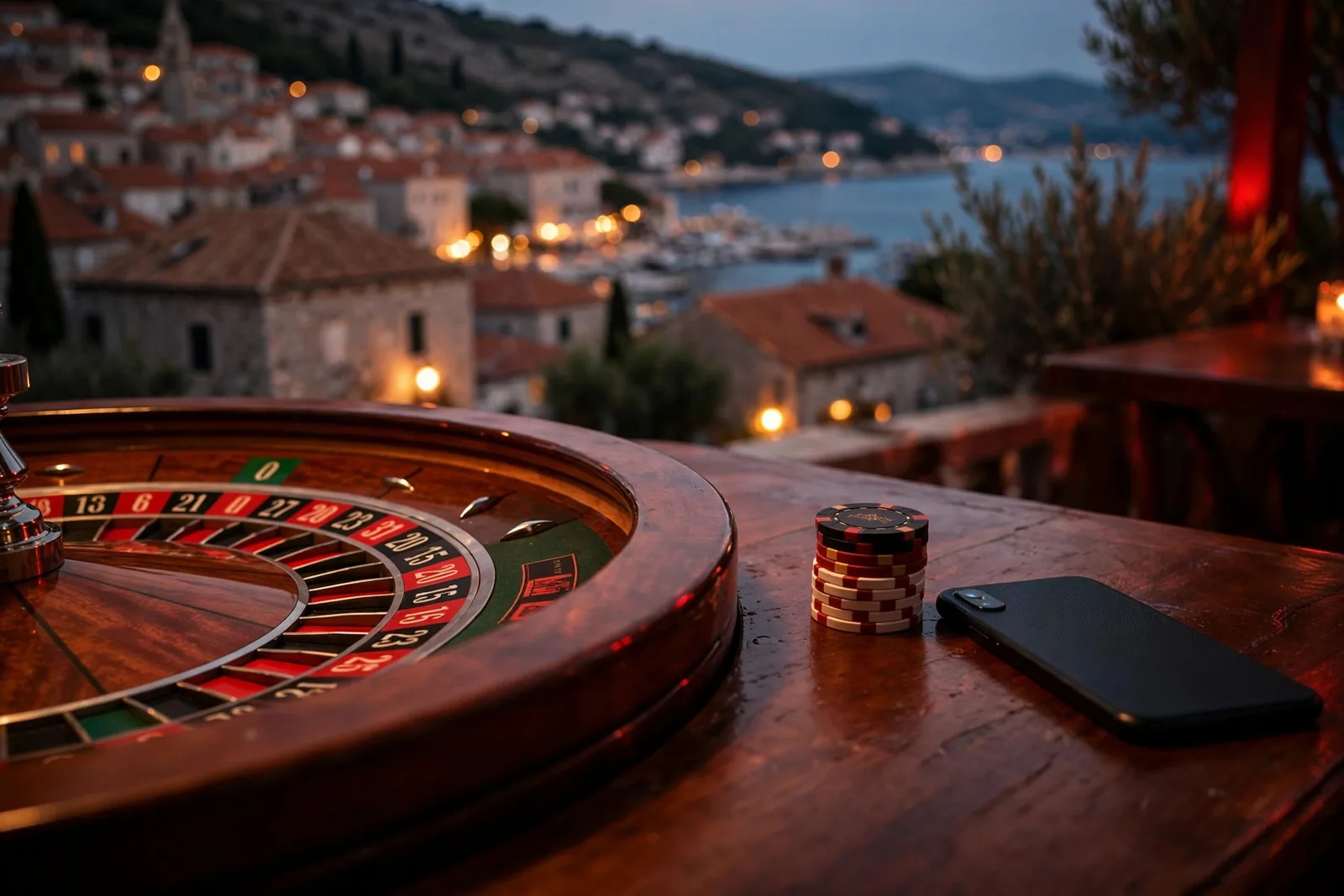 Roulette kotač i čipovi na stolu uz pogled na hrvatsku obalu