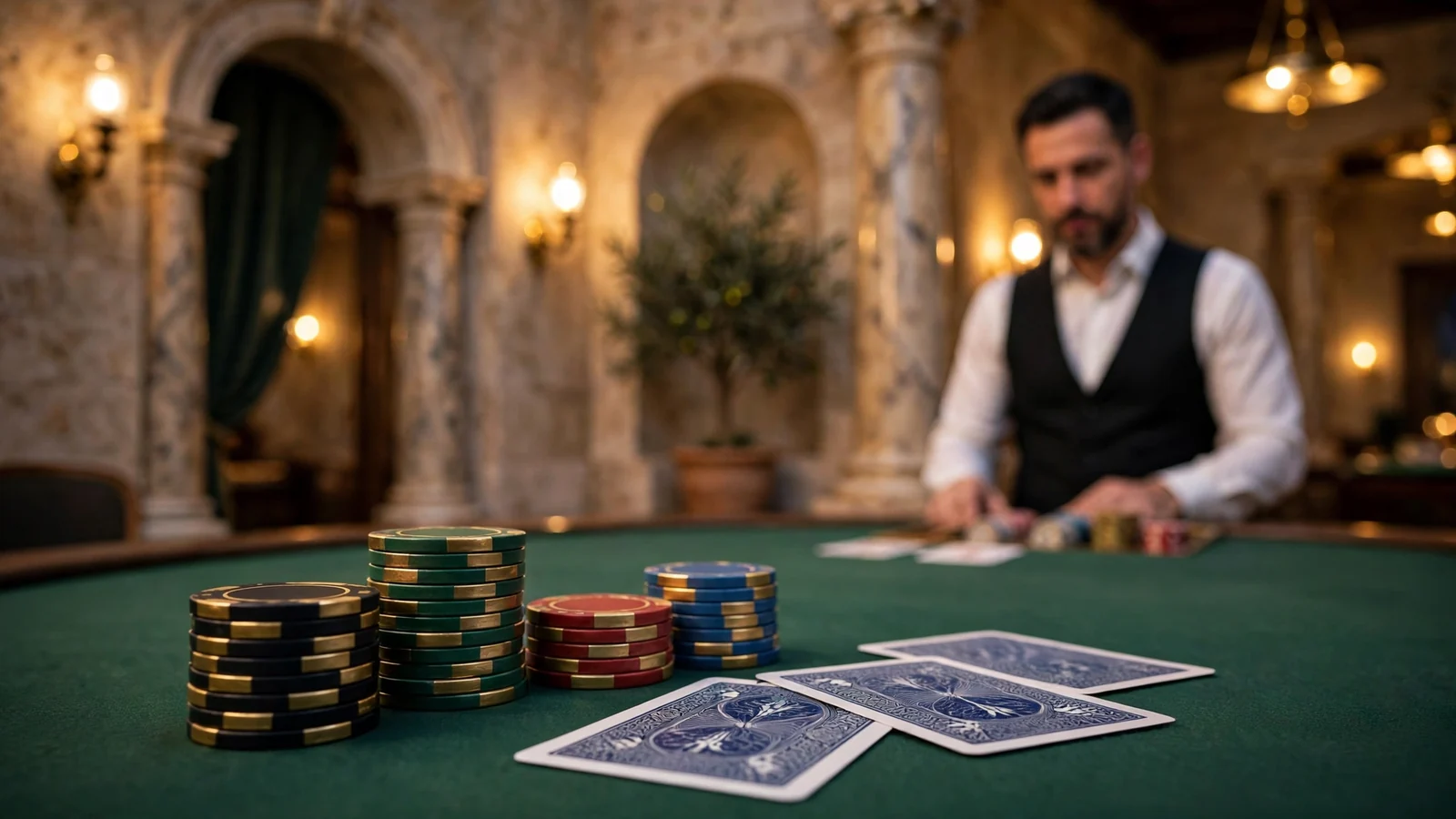 Stol za blackjack s ulošcima i kartama u elegantnom hrvatskom casinu