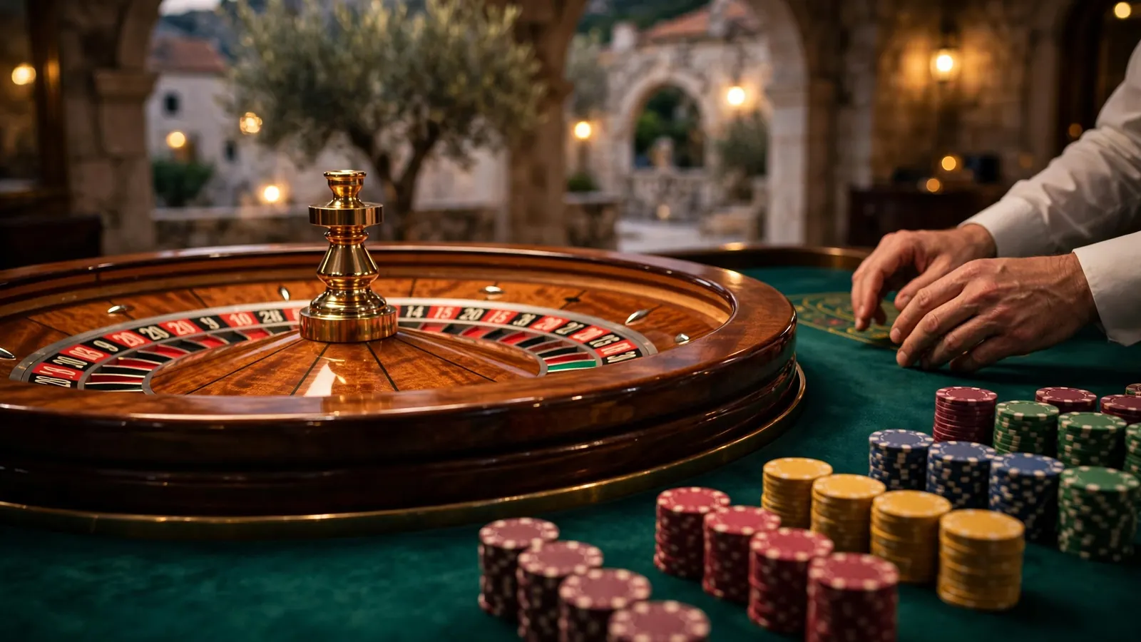 Stol za rulet s čipovima i dijeliteljem u elegantnom casinu