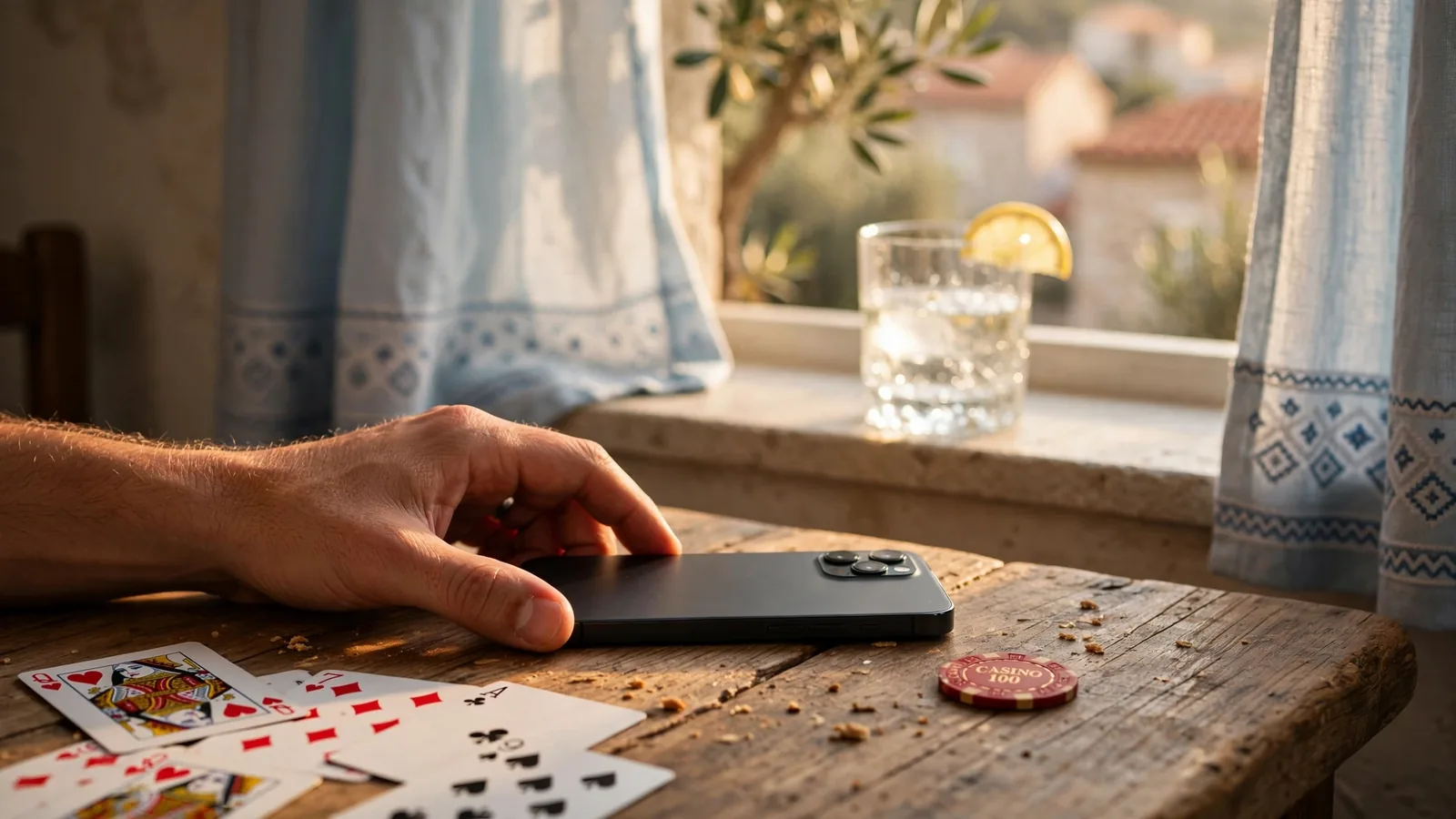 Ruka drži pametni telefon uz casino žetone i kartu na stolu