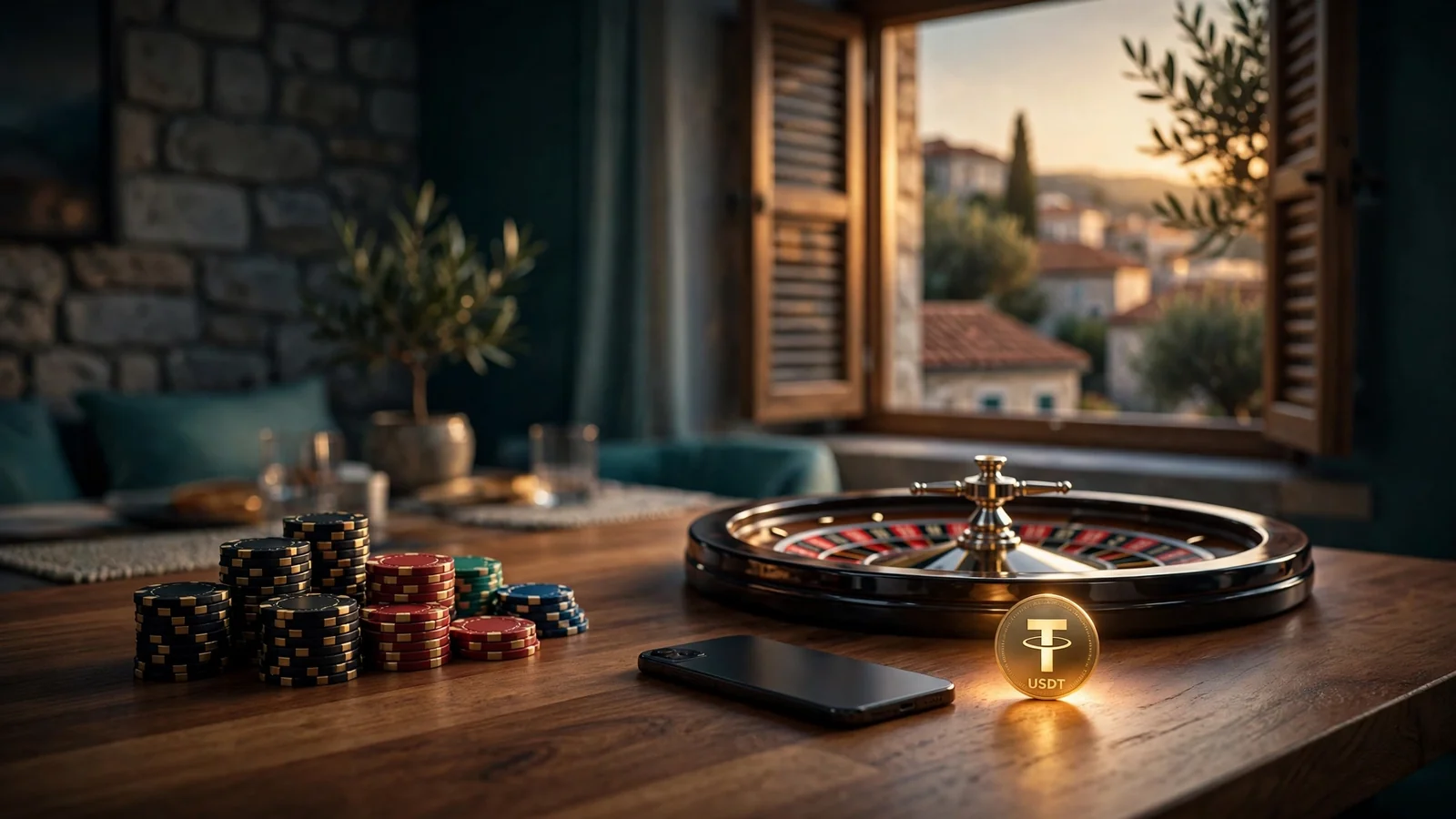 Stol za kazino s žetonima, ruletom i USDT tokenom